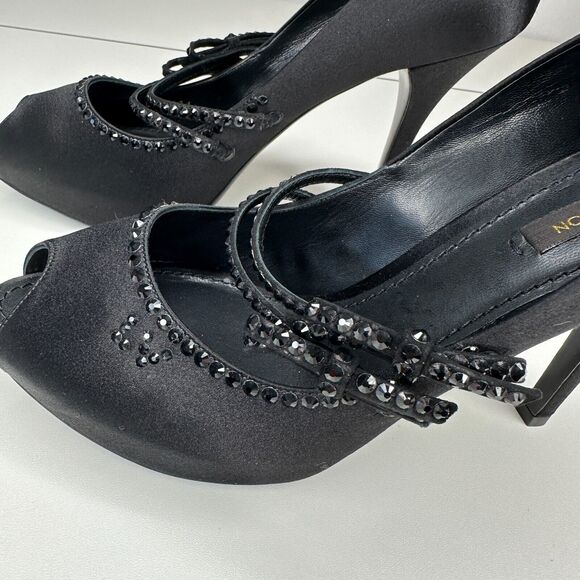 Louis Vuitton Vintage Black Satin Open Toe Crystal Strap Embellished Pumps 37.5 - Picture 6 of 13